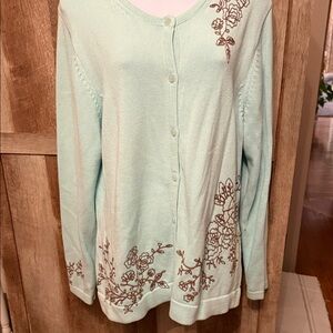Eddie Bauer Mint Green Cardigan with Brown Floral Embroidery